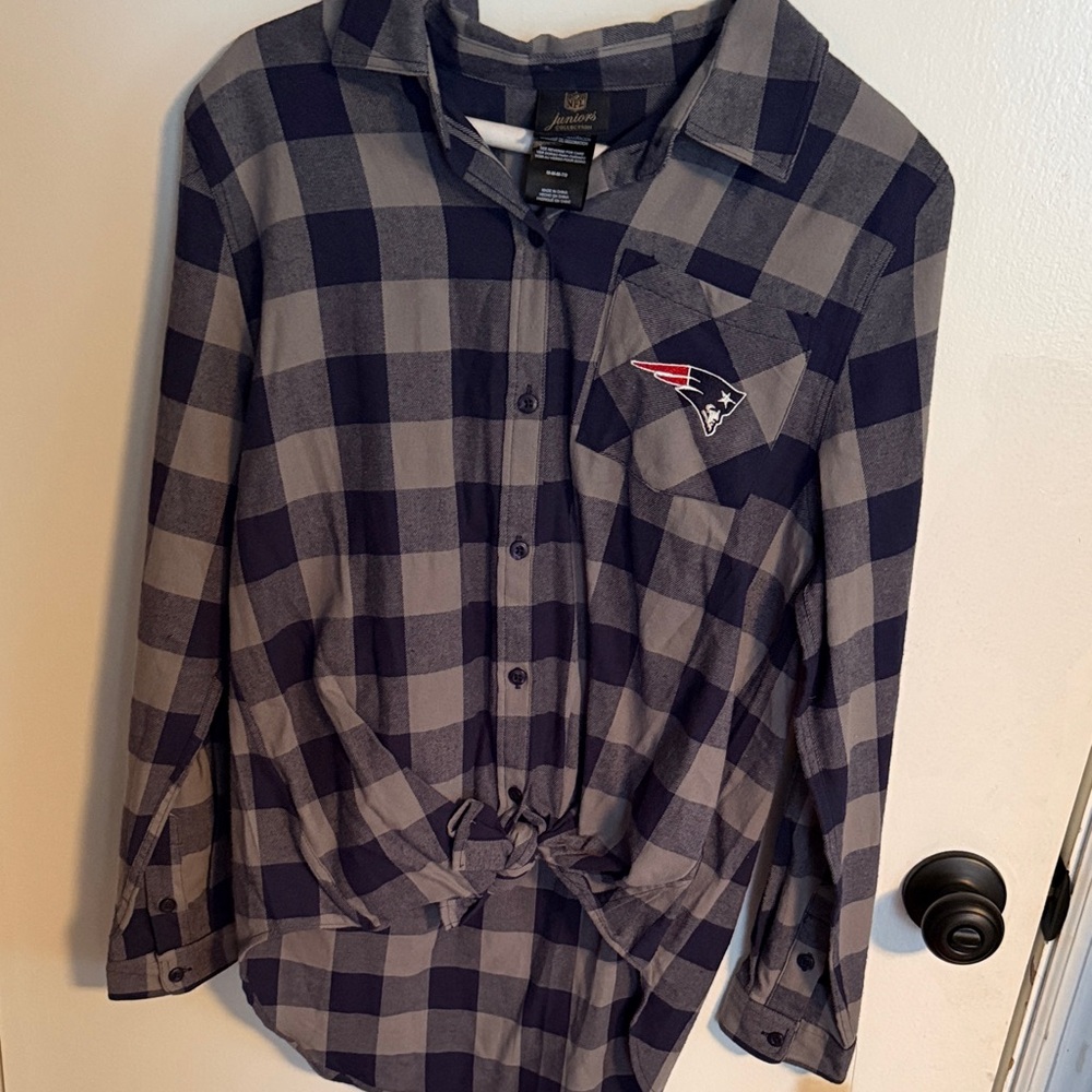 NFL New England Patriots Blue and Gray Plaid Women’s Button-Down Shirt.